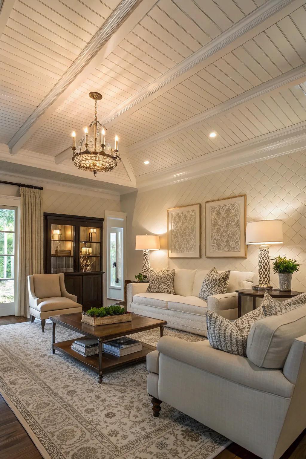 A cultured shiplap ceiling showcasing subtle patterns.