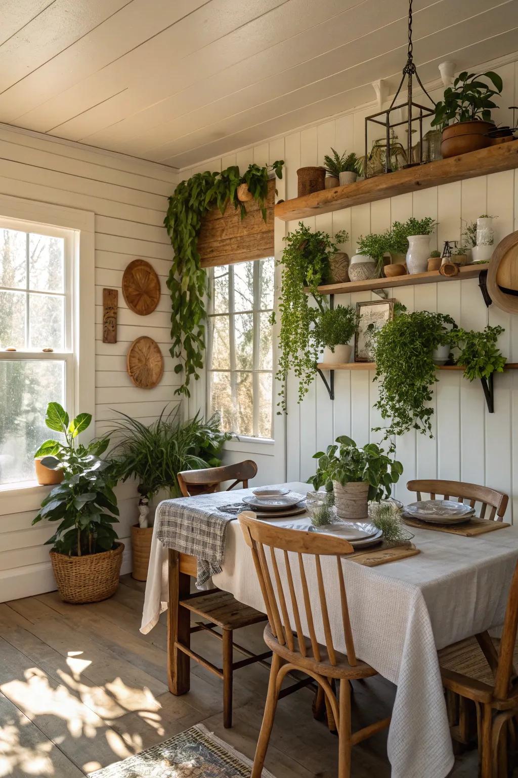 A dining room full of natural touches and wood-panel walls.