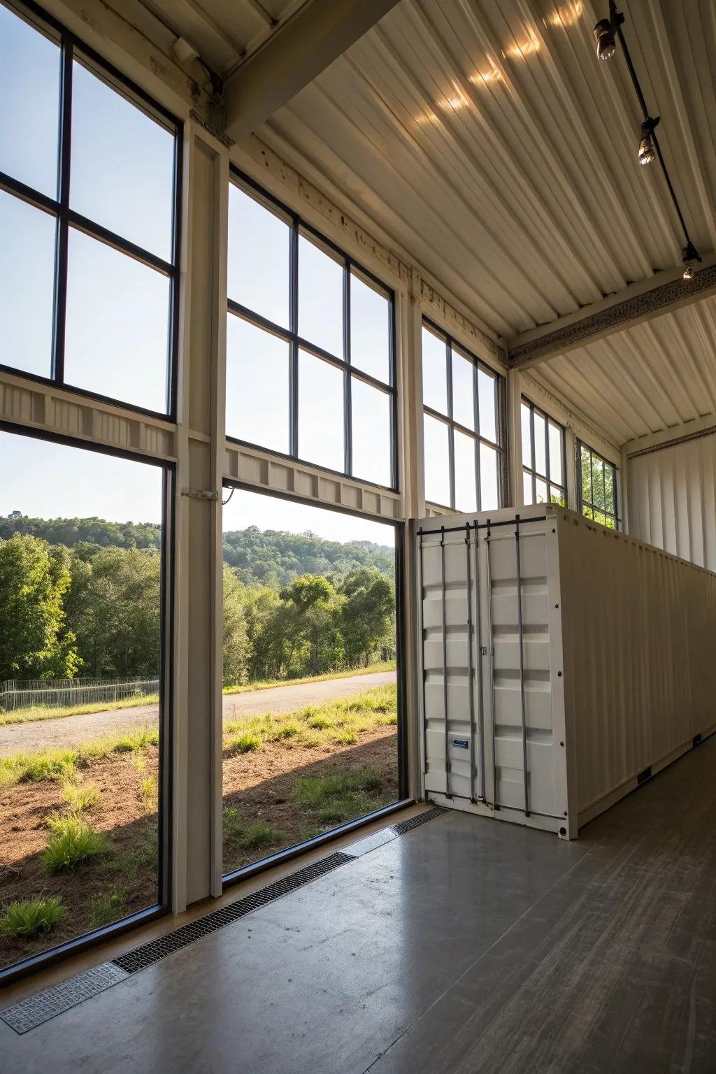 Sunlight pours through this bright and airy cargo box barn.