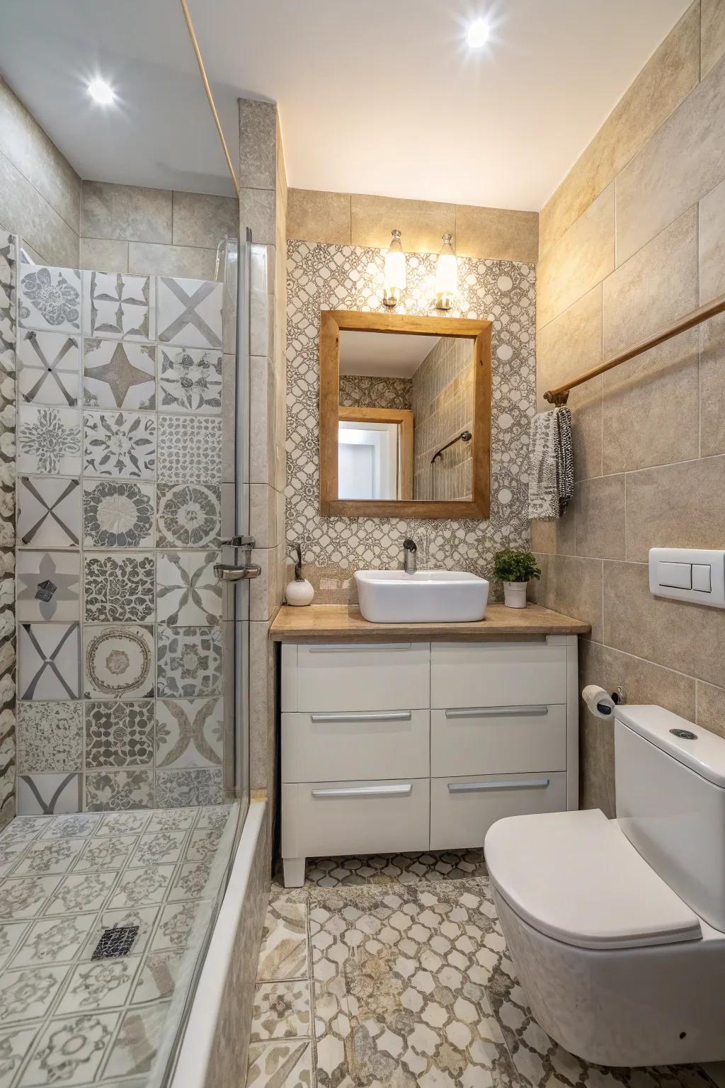 Embossed tiles adding depth and intrigue.