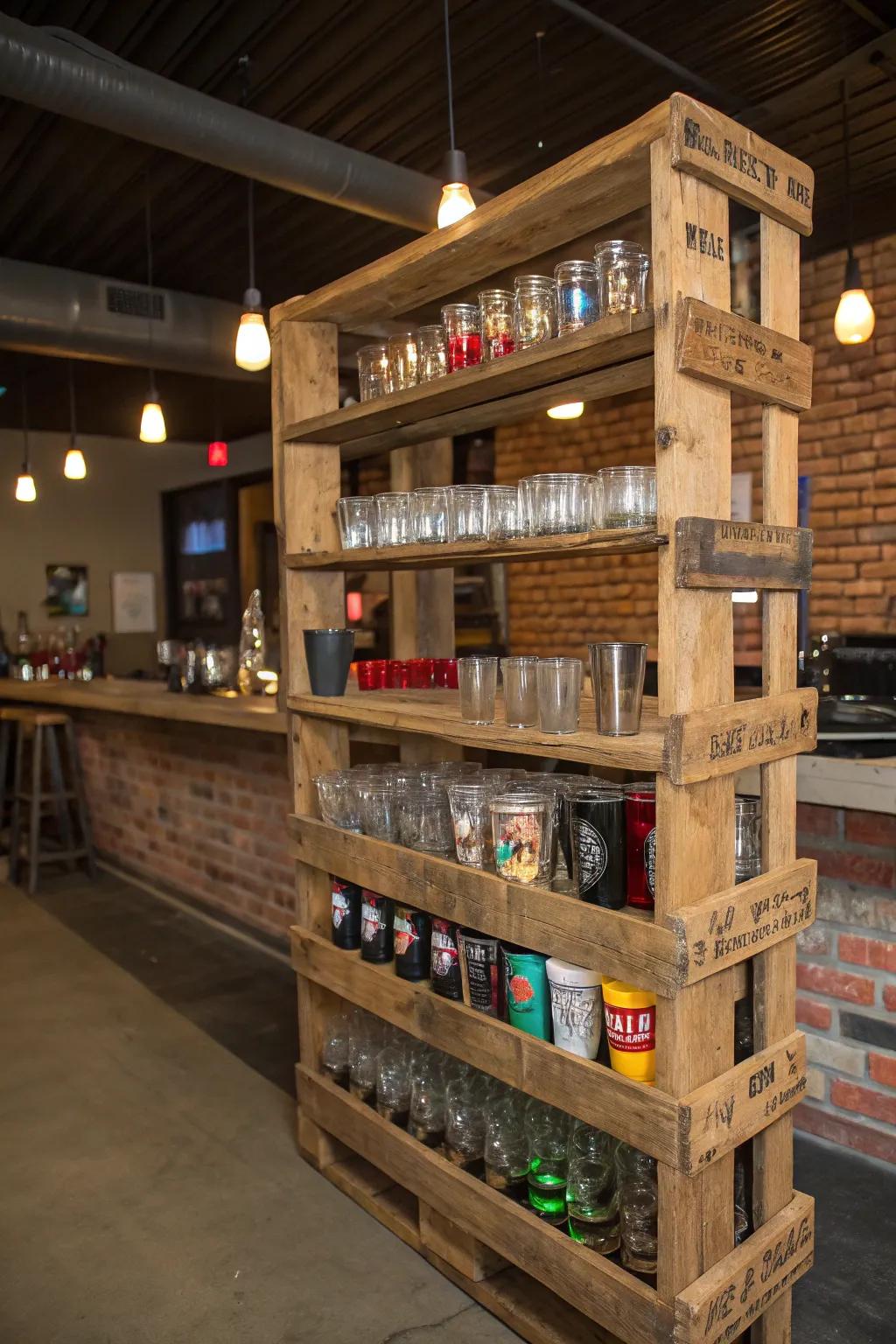 A garage refreshment station showcasing a self-assembled pallet structure imaginatively employed as a shot glass presentation.