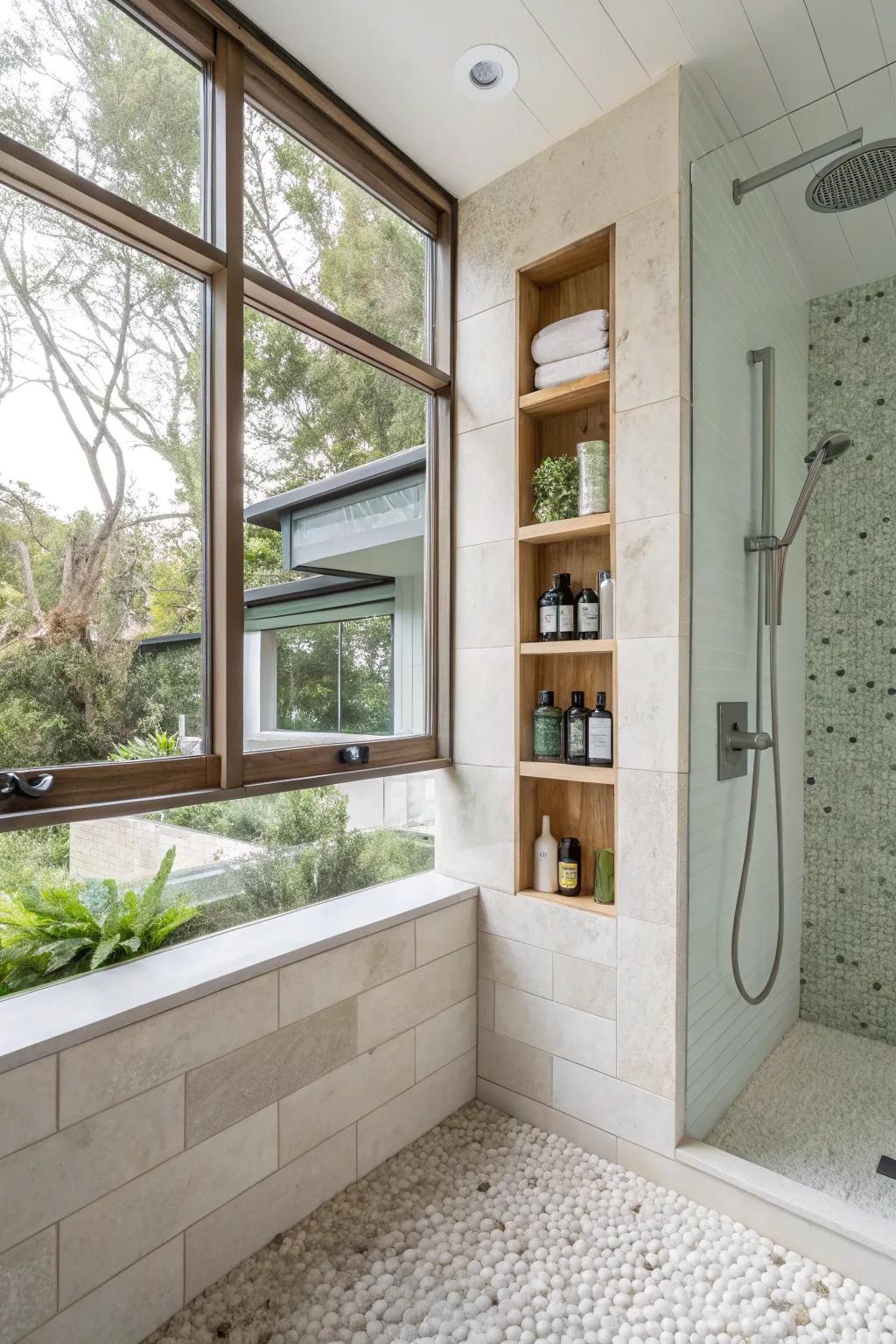 Eco-conscious materials creating a stylish and ethical shower recess