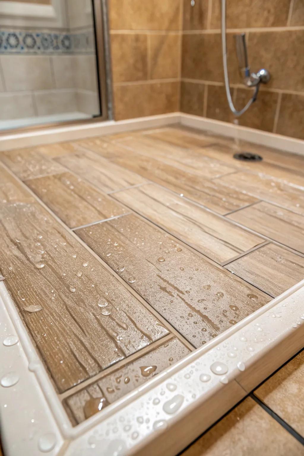 Wood-look units on this shower pan give a warm and inviting organic appearance.