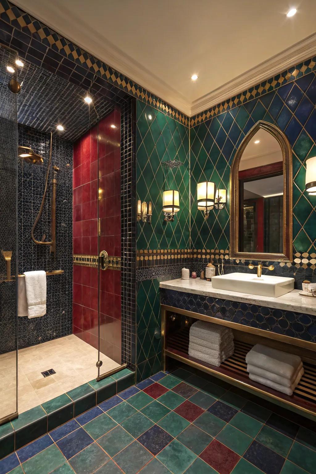 Gem-shaded tiles add richness and luxury to your shower.