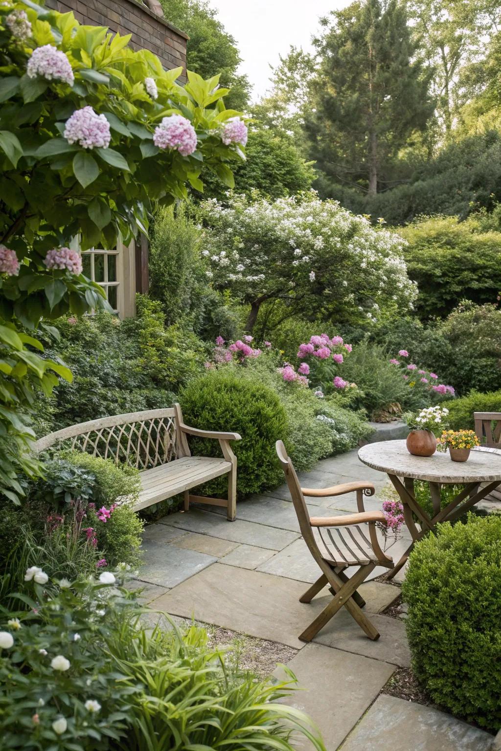 Fragrant shrubs improve the sensory experience in this serene garden.