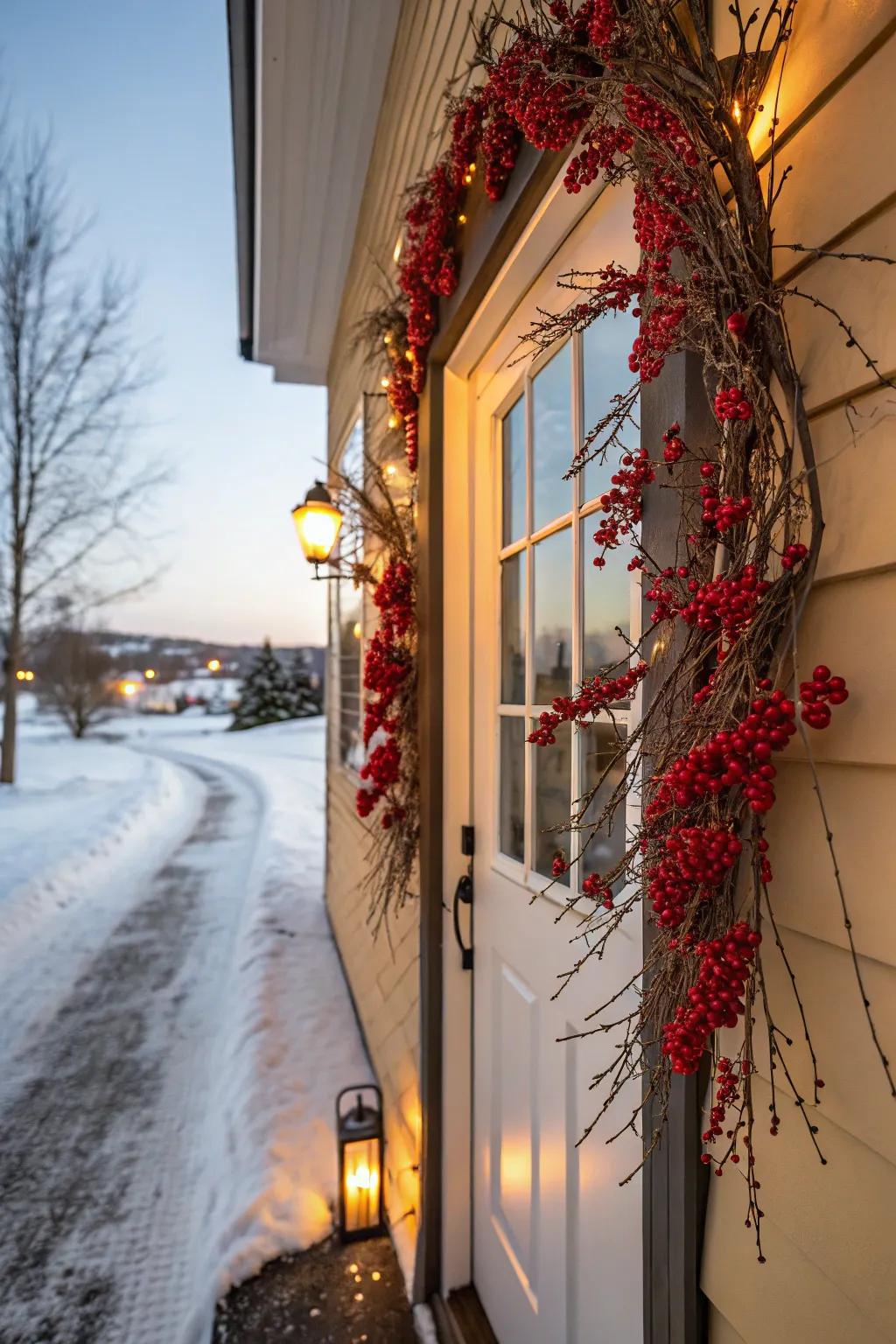 Frigid fruits present a radiant flash of scarlet amidst verdant ornaments.