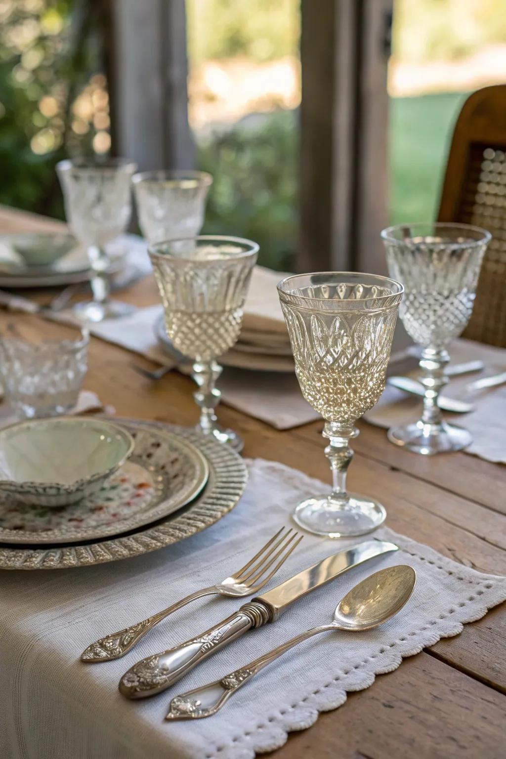 Vintage glassware and family relics enrich the table, sparking nostalgic charm.