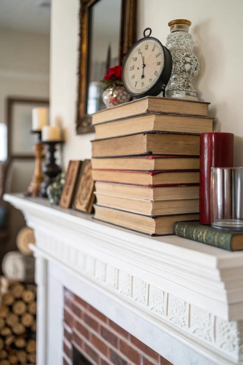Books are intelligently arranged to introduce both height and depth to this mantel.