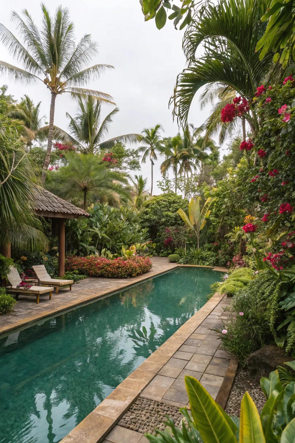 Rich tropical plants creating an exotic, vacation-like poolside.