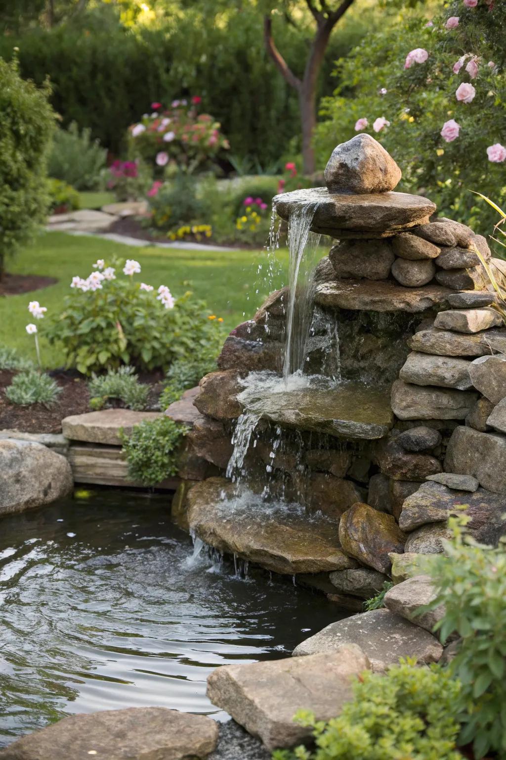 Stone water features present a vibrant centerpiece for any garden.