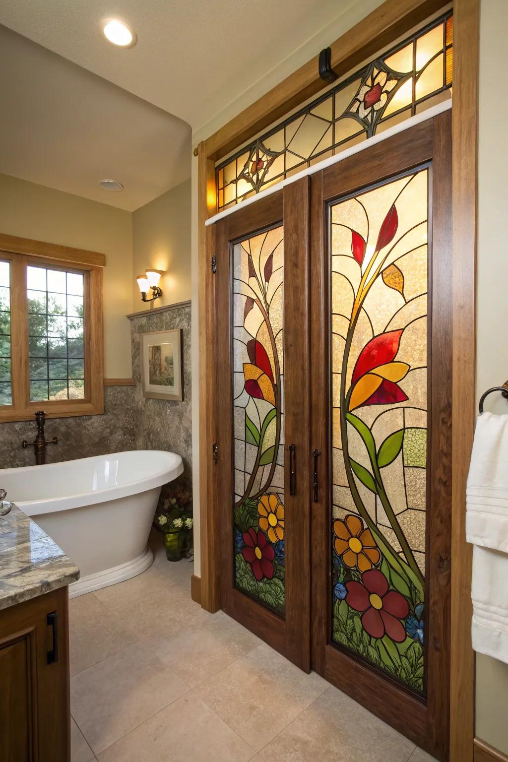 Art glass moving doors add a special art touch to this bathroom.