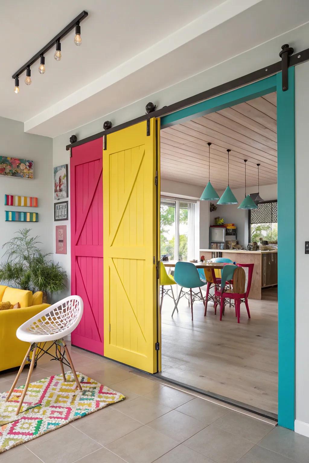 A colorful sliding door brings energy and fun to this vibrant space.
