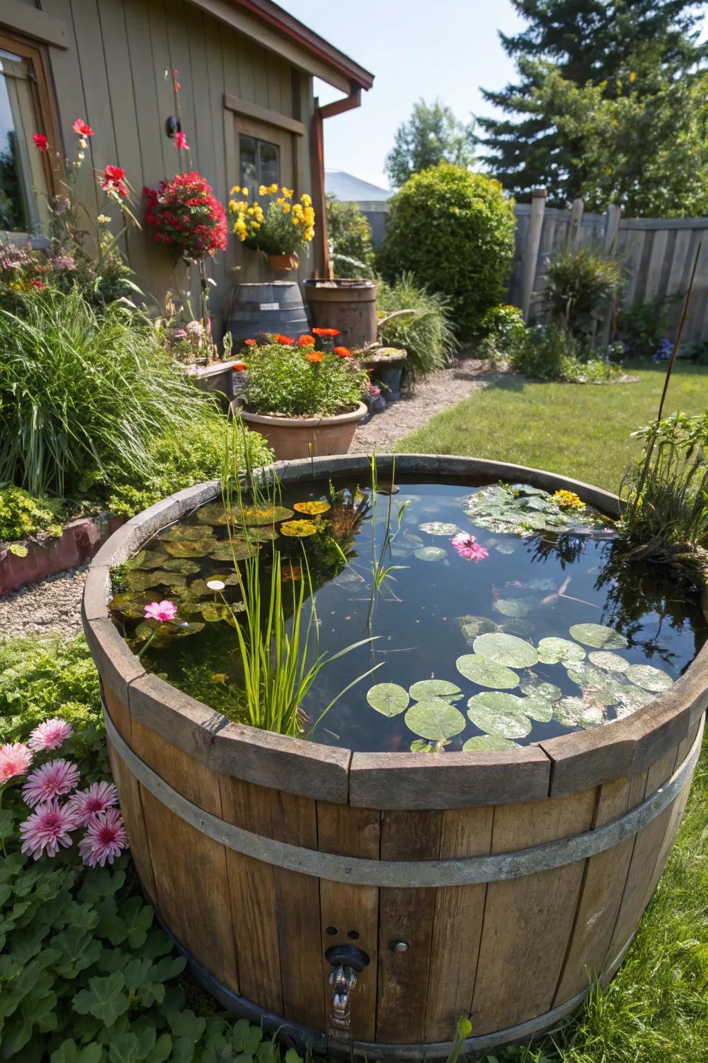 A barrel pond delivers rustic charm and blends well with wooden features.