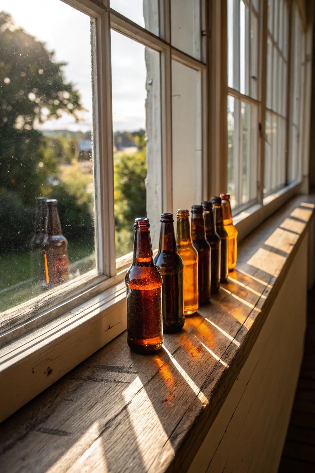 Window ledge brew display capturing natural light.
