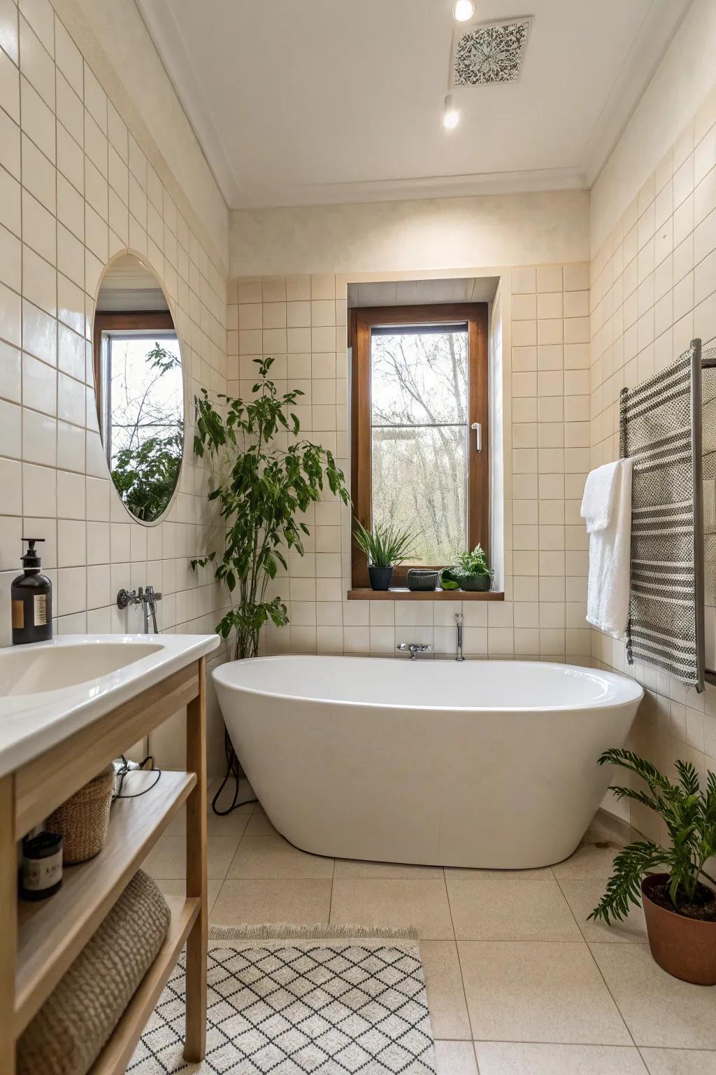 A luxurious feel in a small bathroom with a freestanding tub.