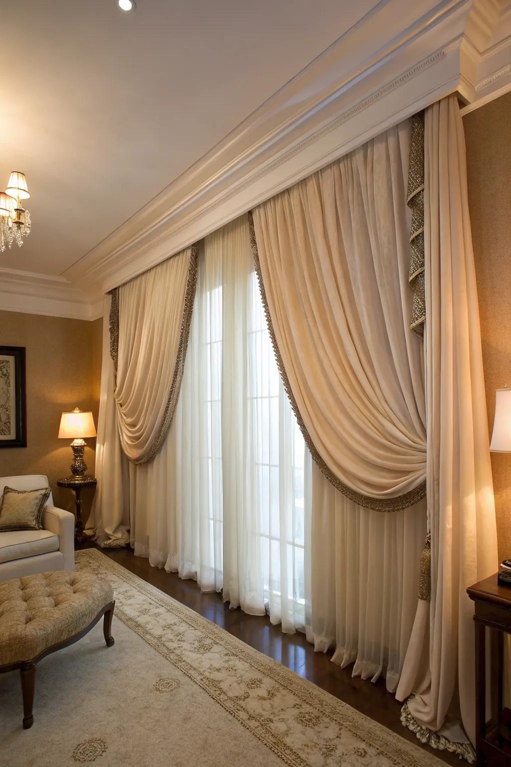 Tall draperies enhance room height.