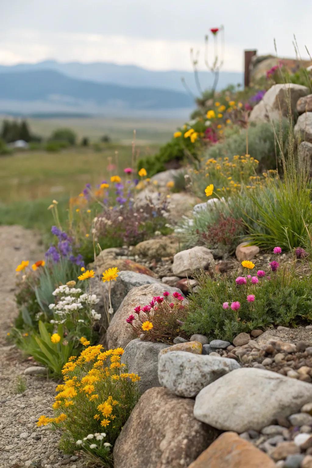 A mini wildflower meadow animates a corner rockery.