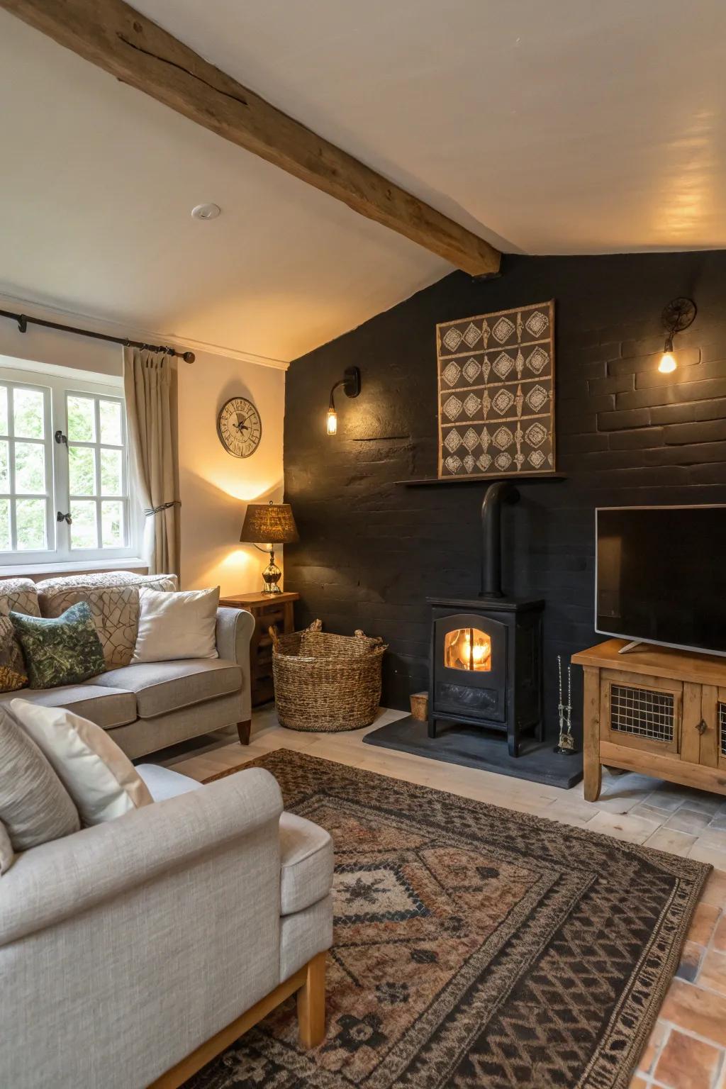 A focal wall contributes profoundness and interest to this lounging space.