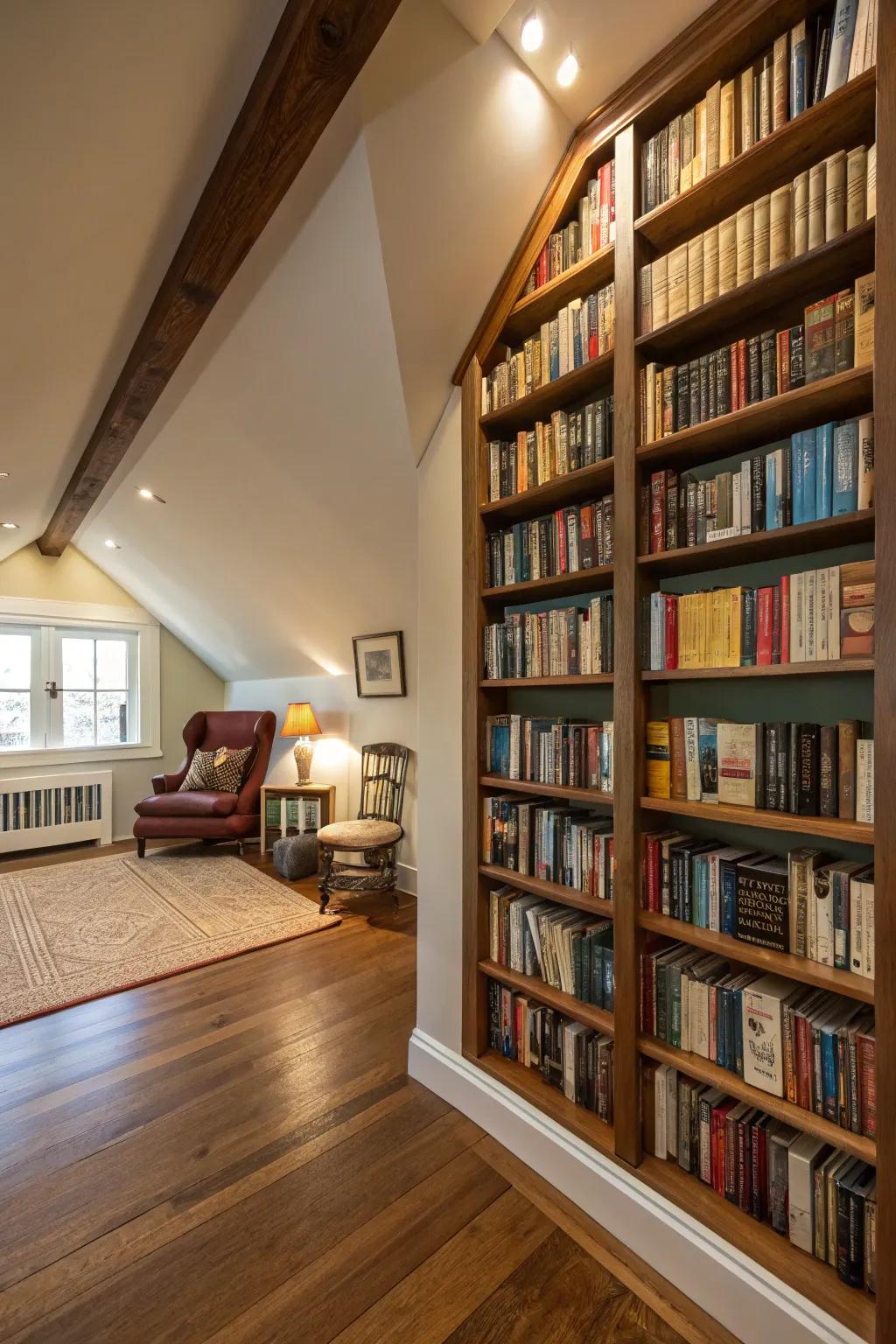 Ceiling-high shelves make a daring statement in any library.