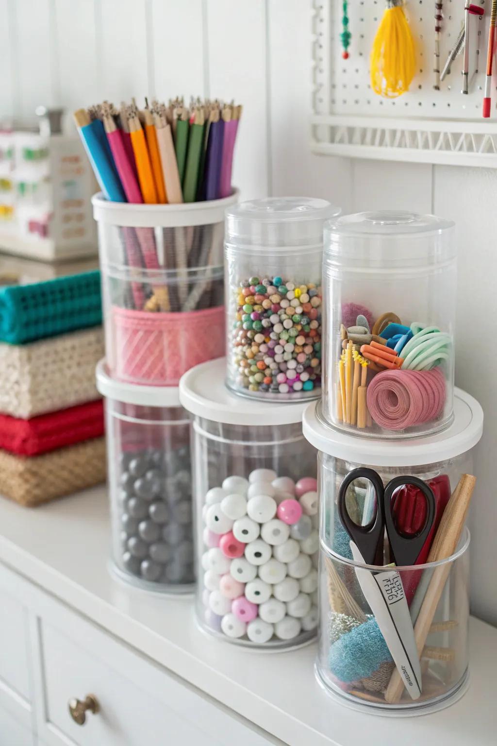 See-through containers simplify the task of finding and accessing crafting materials.