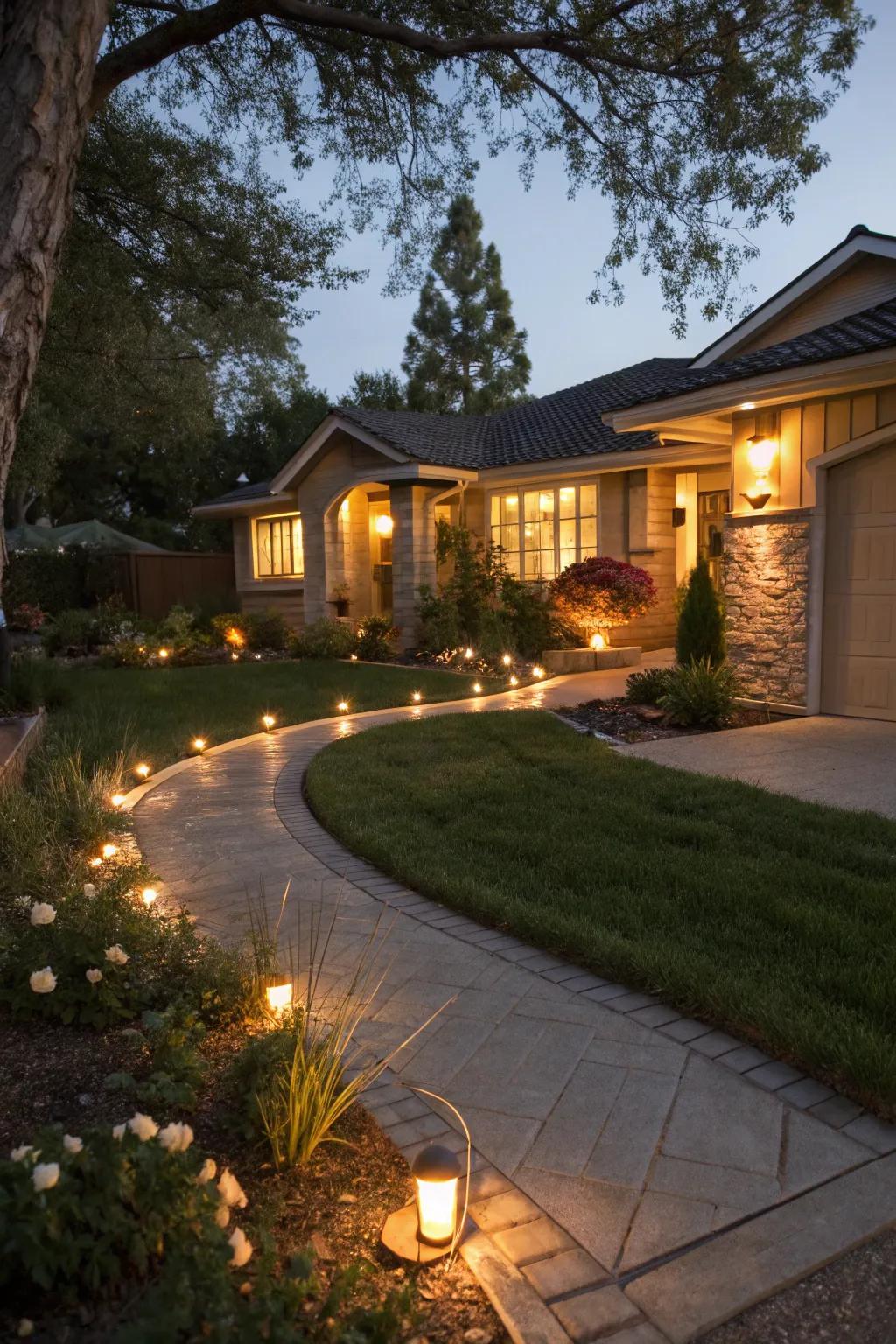 Lighting enhances security and ambience in your front yard.