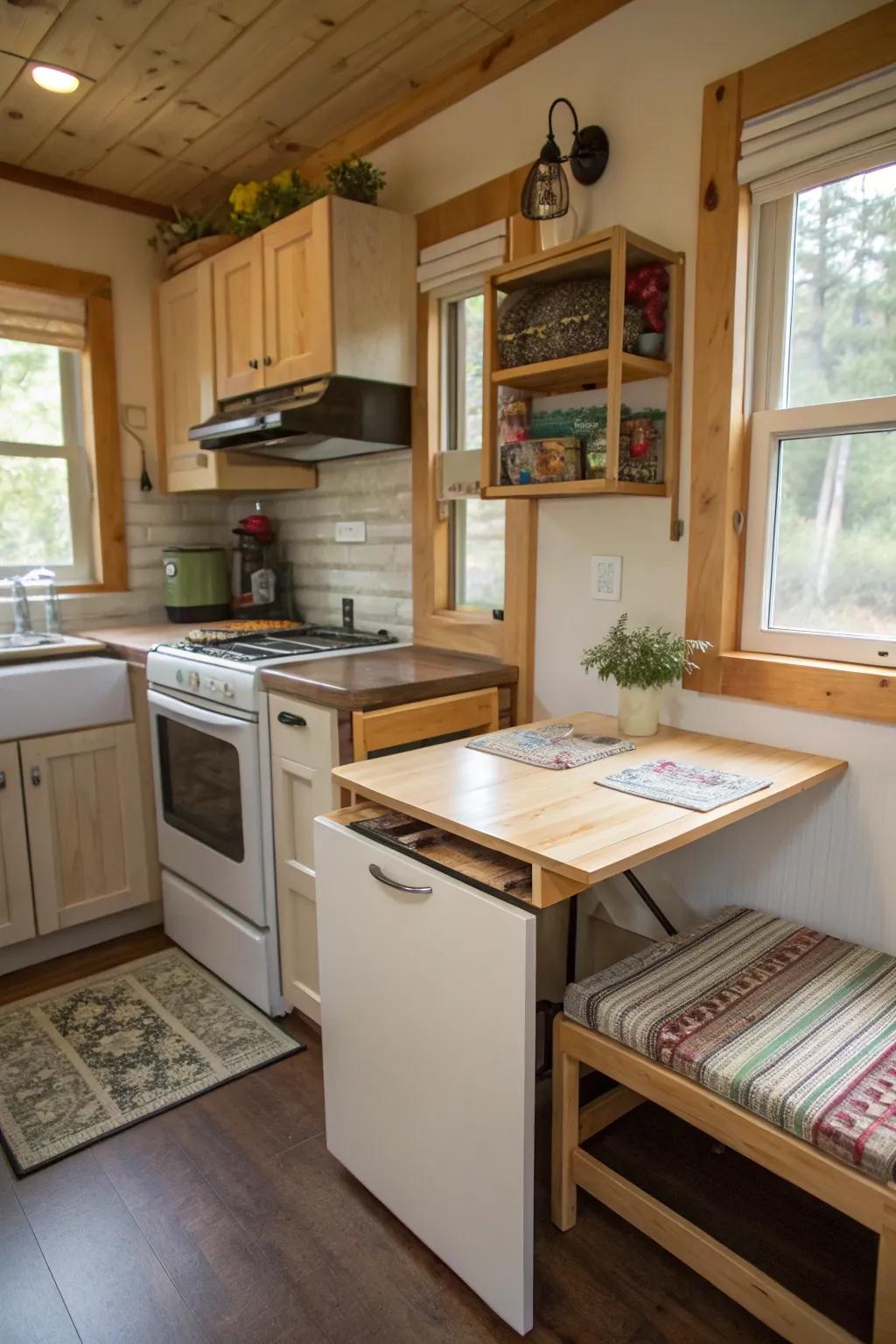 A fold-out surface provides versatility in this multi-functional kitchen.