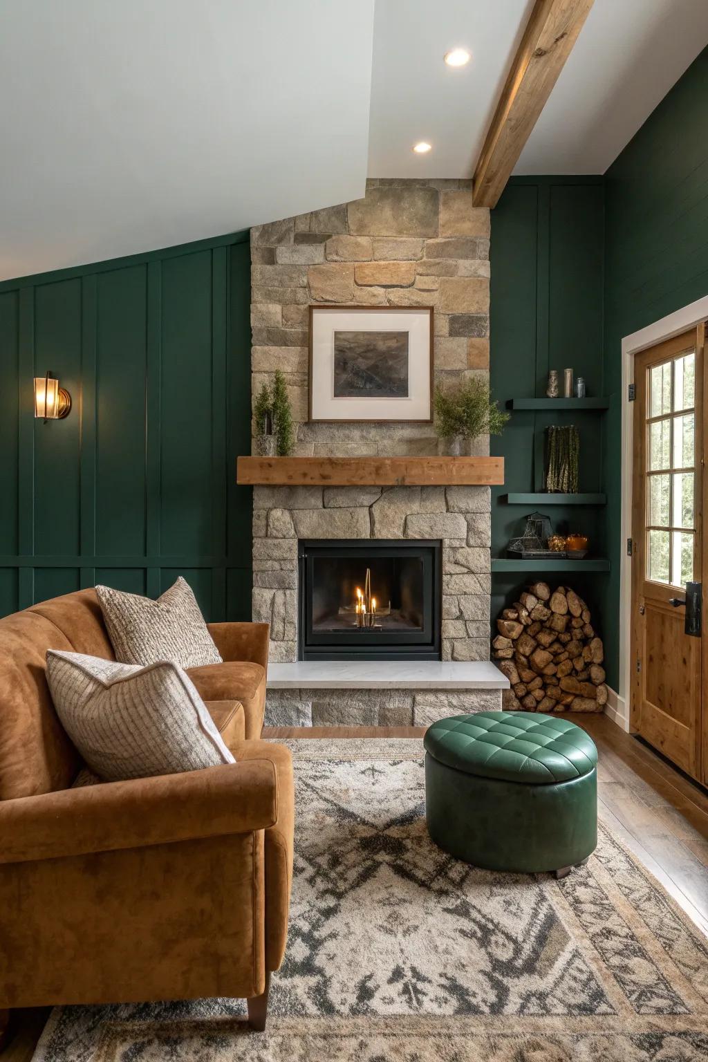 An accent wall behind the fireplace establishes depth and becomes a visual focal point.