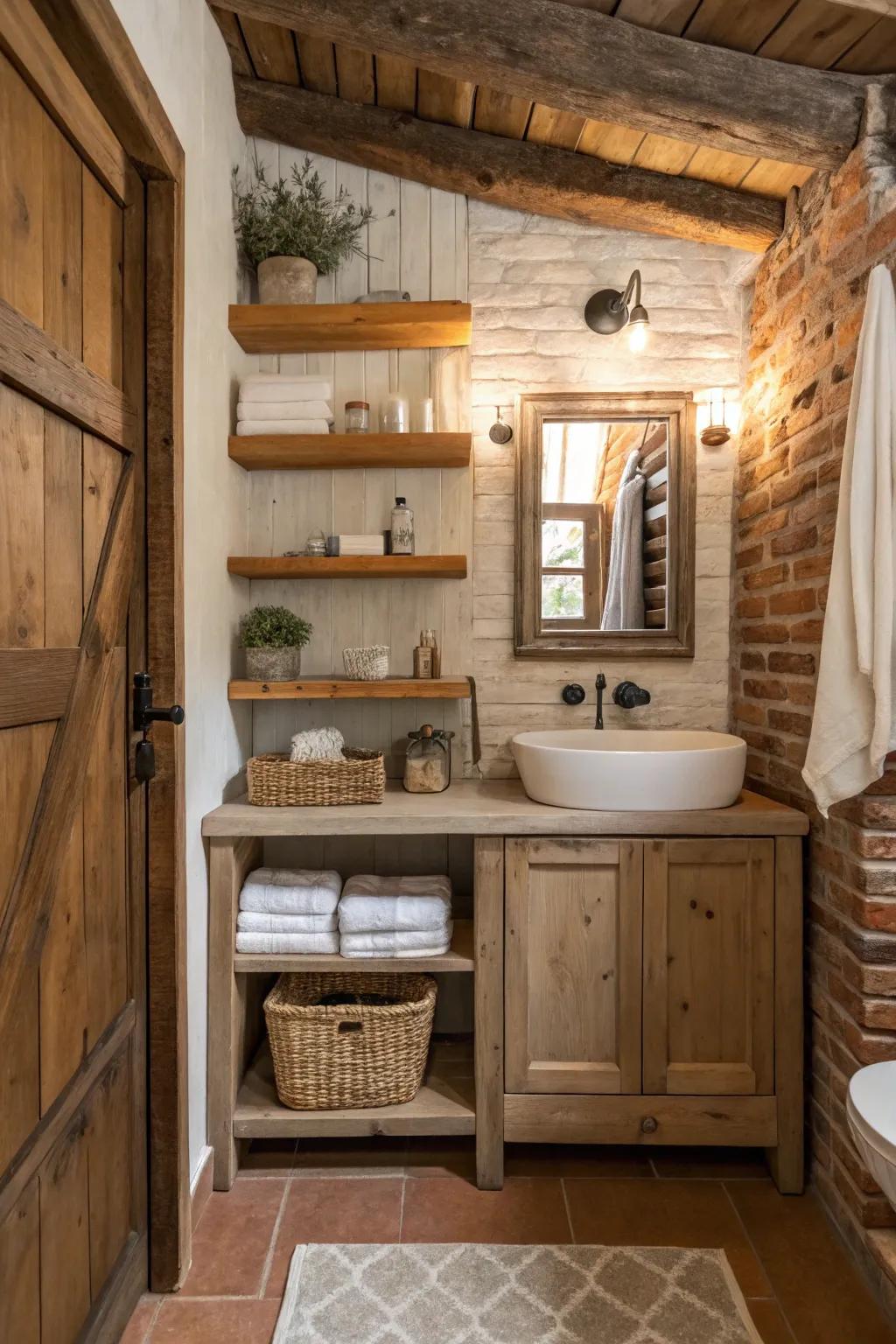 Exposed shelving provides both storage and display features in a countryside-themed bathroom.