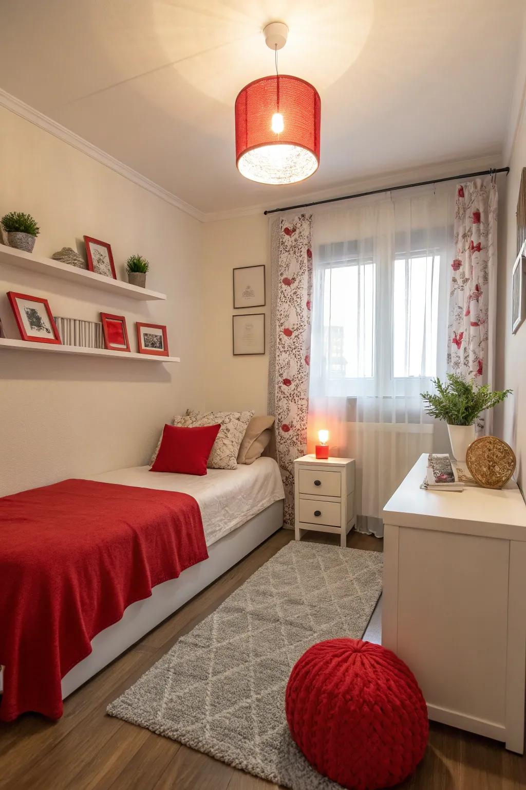 Small accessories in scarlet supply a color burst in a modern small bedroom.