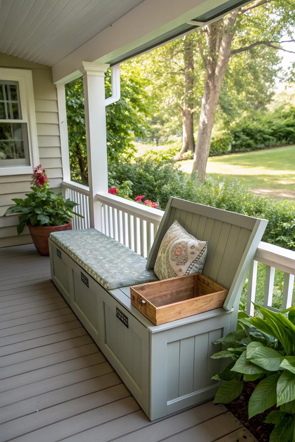 A side porch with a bench offering hidden storage for a neat look.