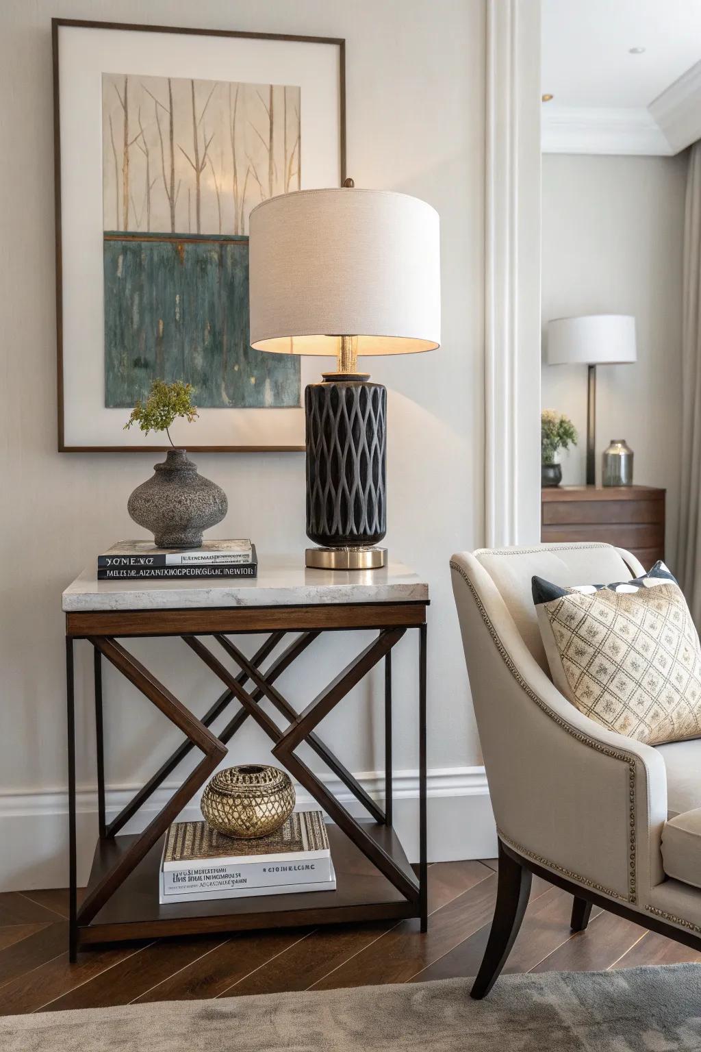 Art creations enhance the inventive allure of a side table.