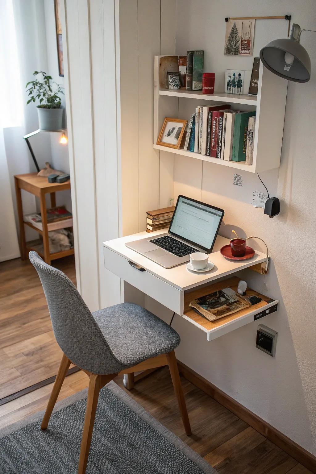 A small workspace showcases a desk mounted on the wall, perfect when space is tight.