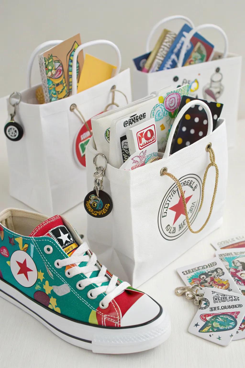 Thoughtful footwear-inspired take-away totes for guests.