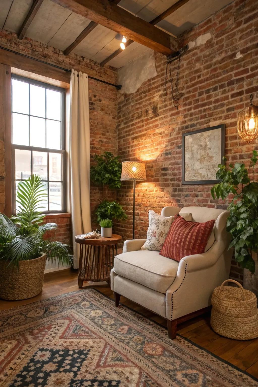 Uncovered brick that introduces countryside texture to a Southern interior.
