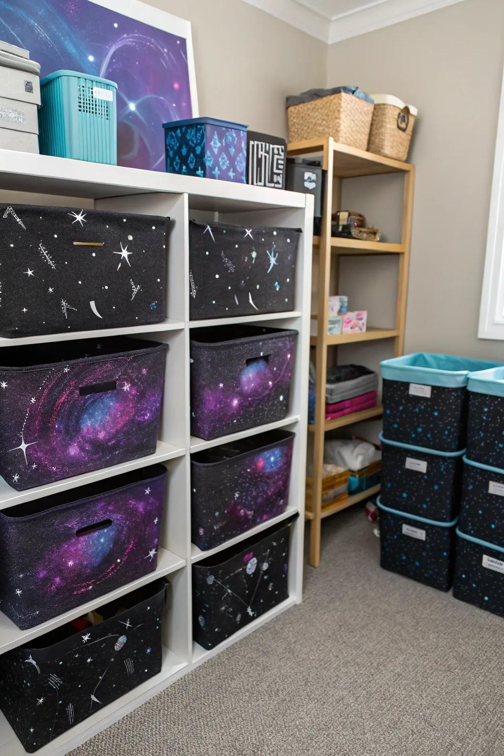Galaxy-themed storage keeps the space organized and on-concept.