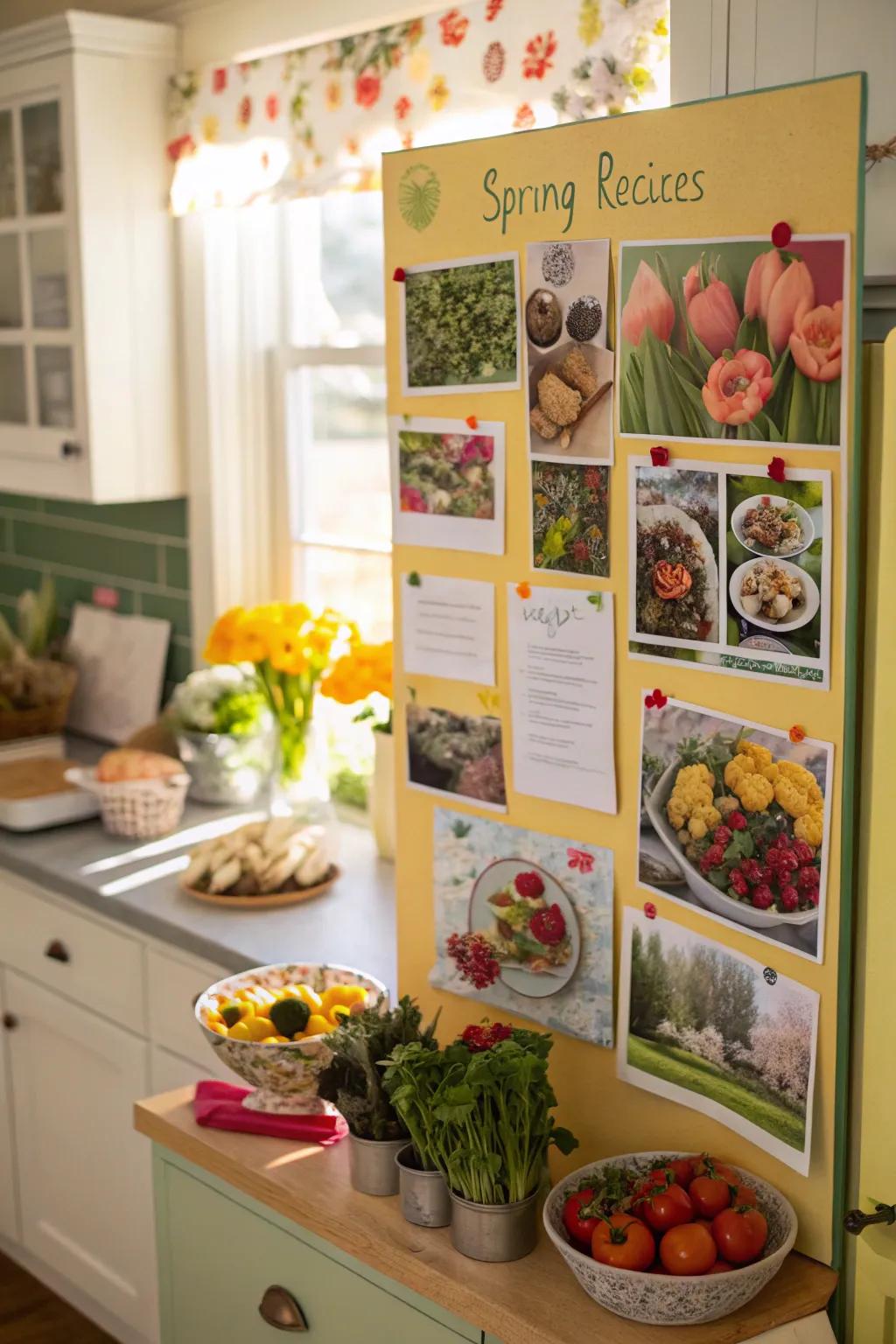 A recipe exchange pinboard featuring favored seasonal dishes.