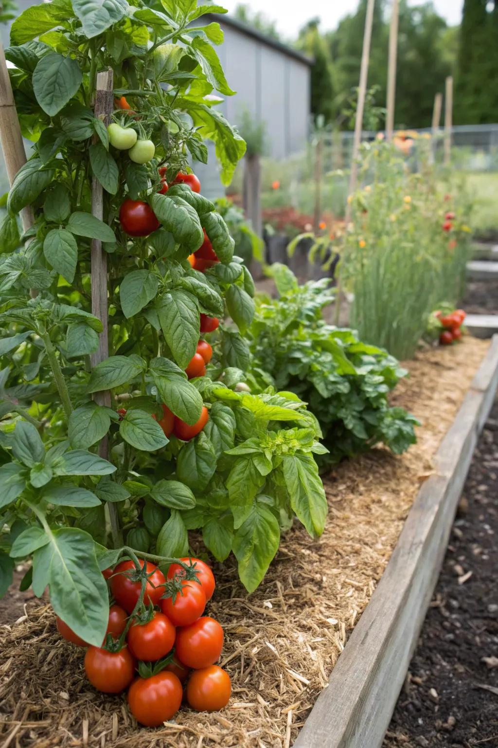 Companion planting enhances development and flavor, as witnessed with tomatoes and basil.