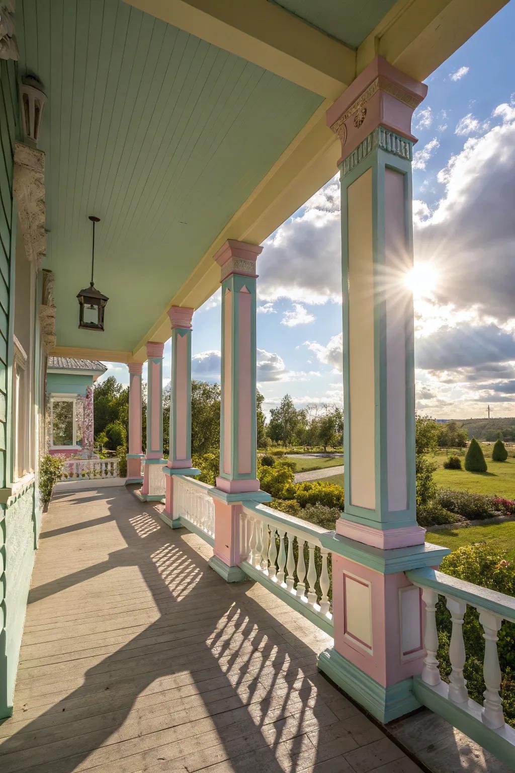 Pastel colors on rectangular pillars create a soft, welcoming atmosphere.