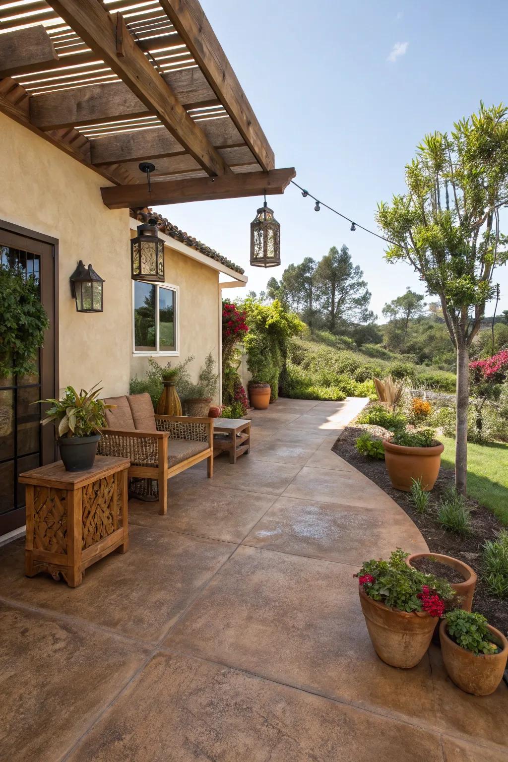 An eco-conscious patio featuring natural-toned concrete tints.