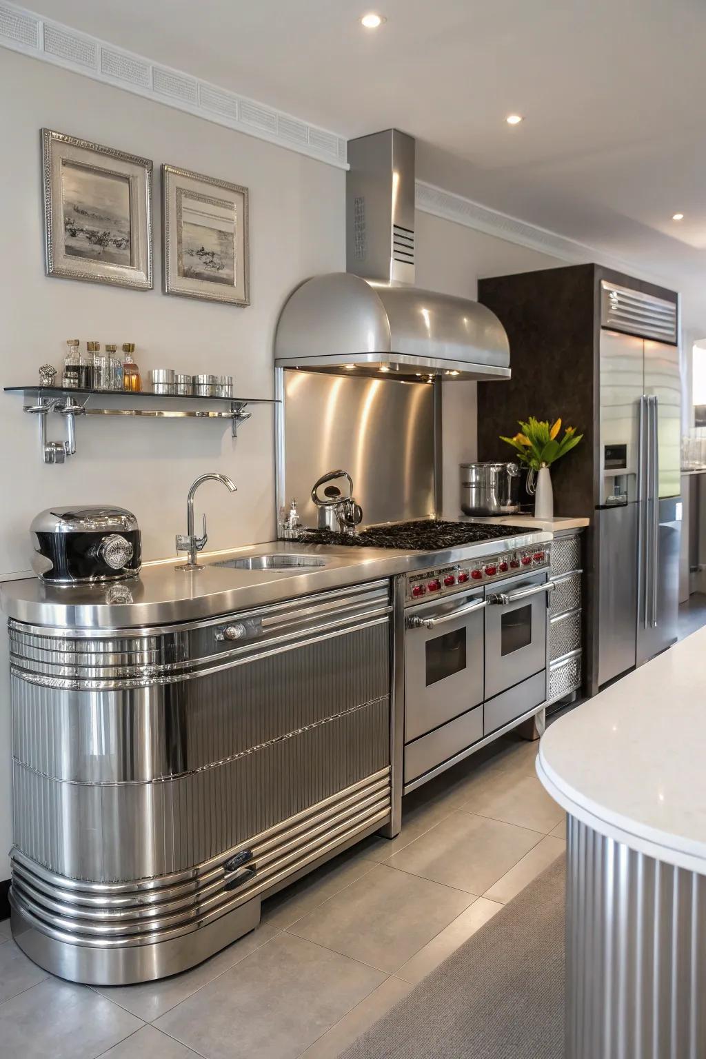 A retro-futuristic cooking space with whimsical steel design.