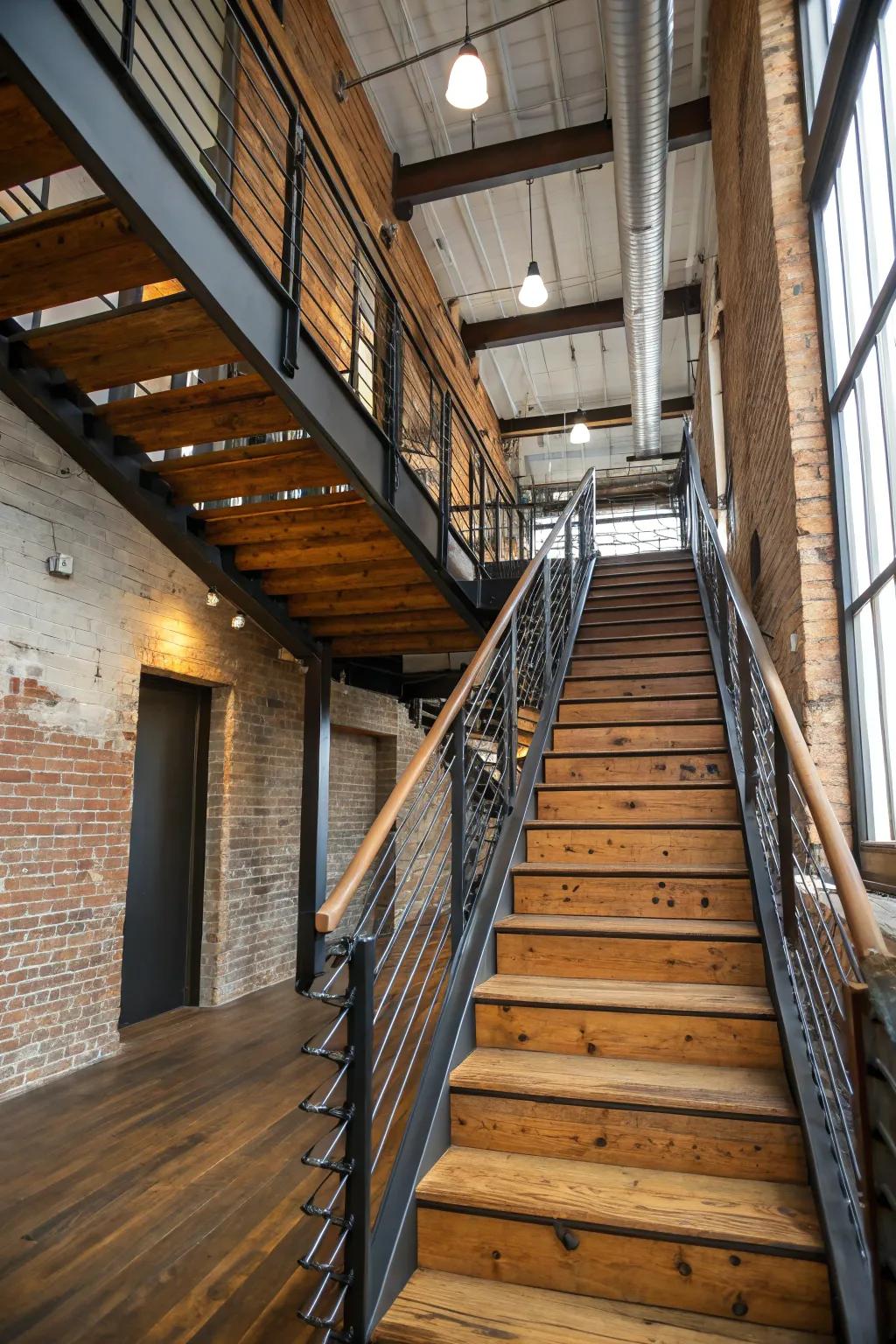 Modern industrial elements establish an edgy, urban stairwell design.