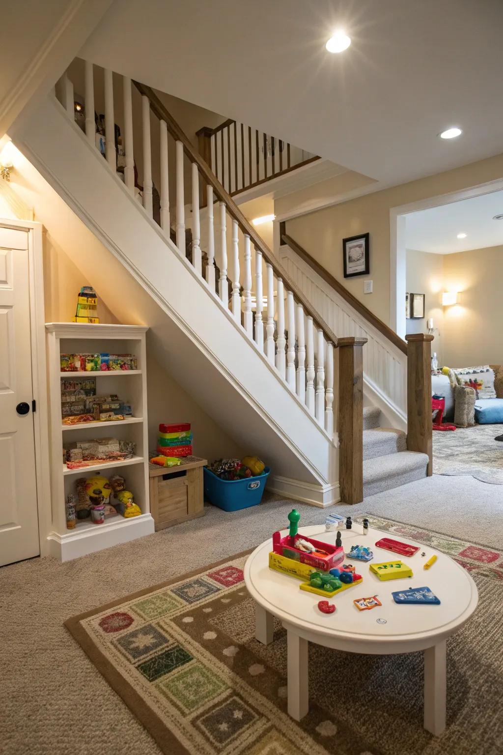 Ignite joy through a kids’ play area beneath the staircase.