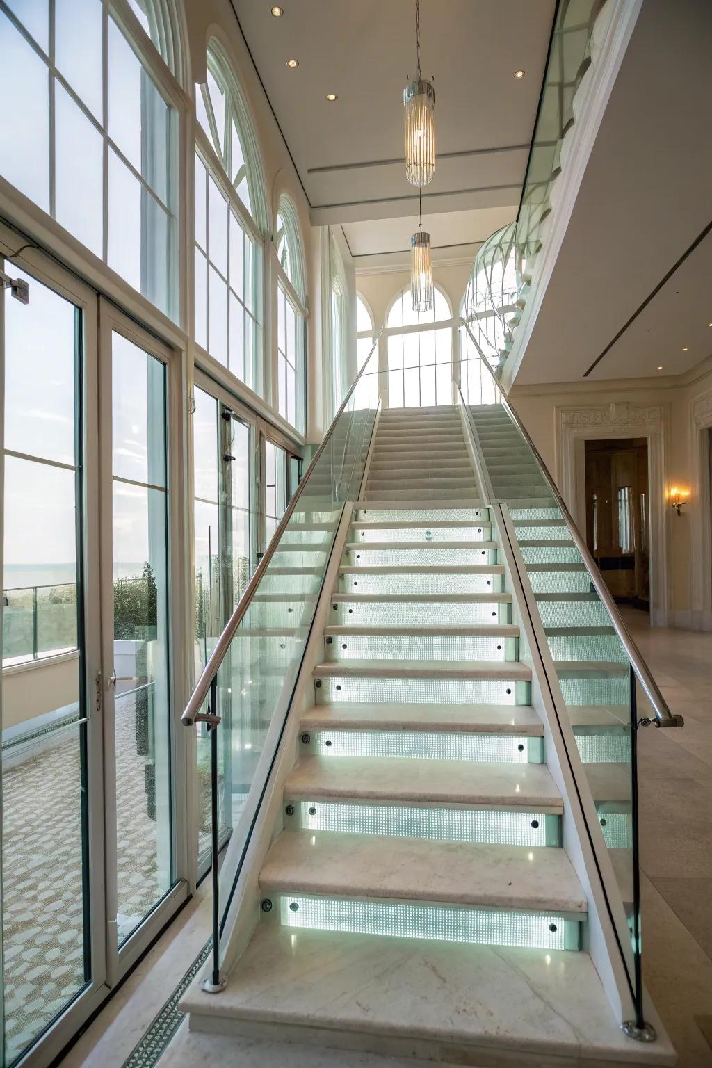 Employ glass panels to generate a bright and open staircase.