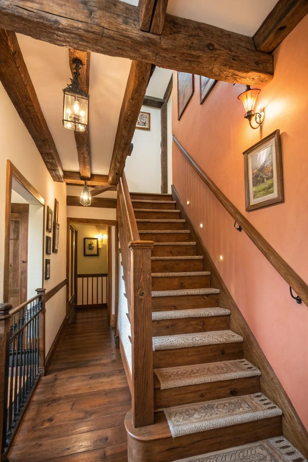 Country beam trims add farmhouse charm and coziness.