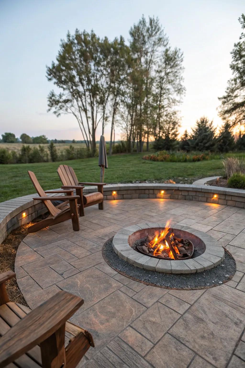 Cozy fire pit space featuring a timber-look stamped concrete border