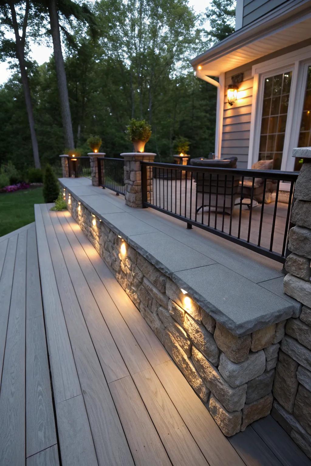 An inviting deck illuminated by integrated lighting within the rock skirting.