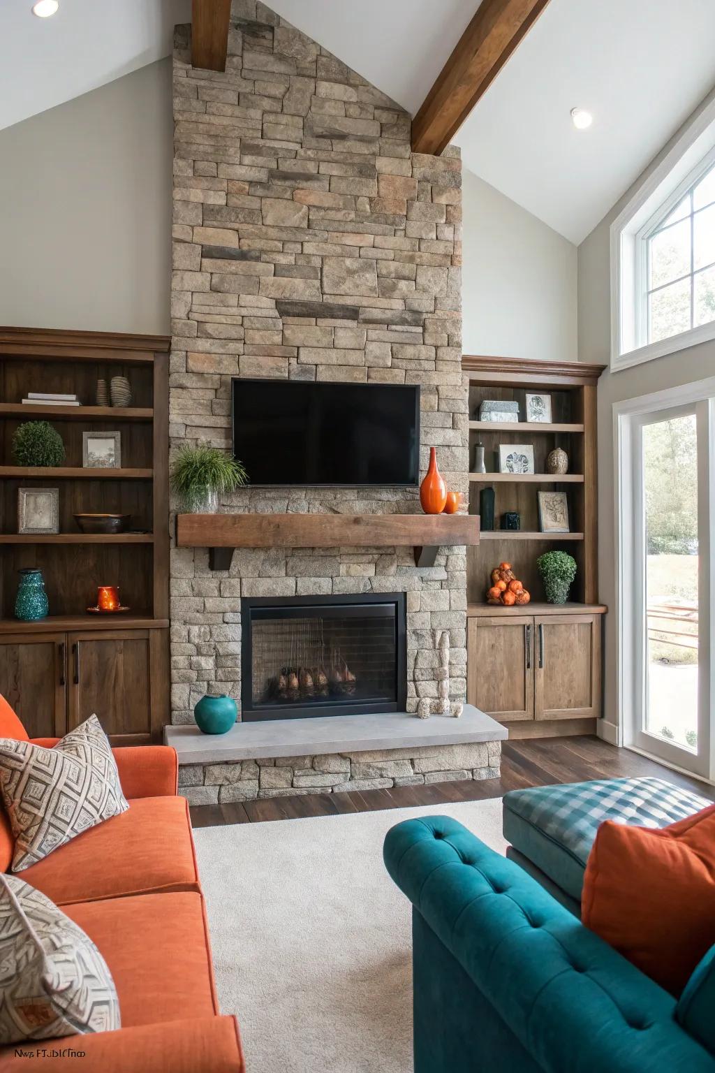Play with feels to add depth and character to your masonry hearth and TV setup.