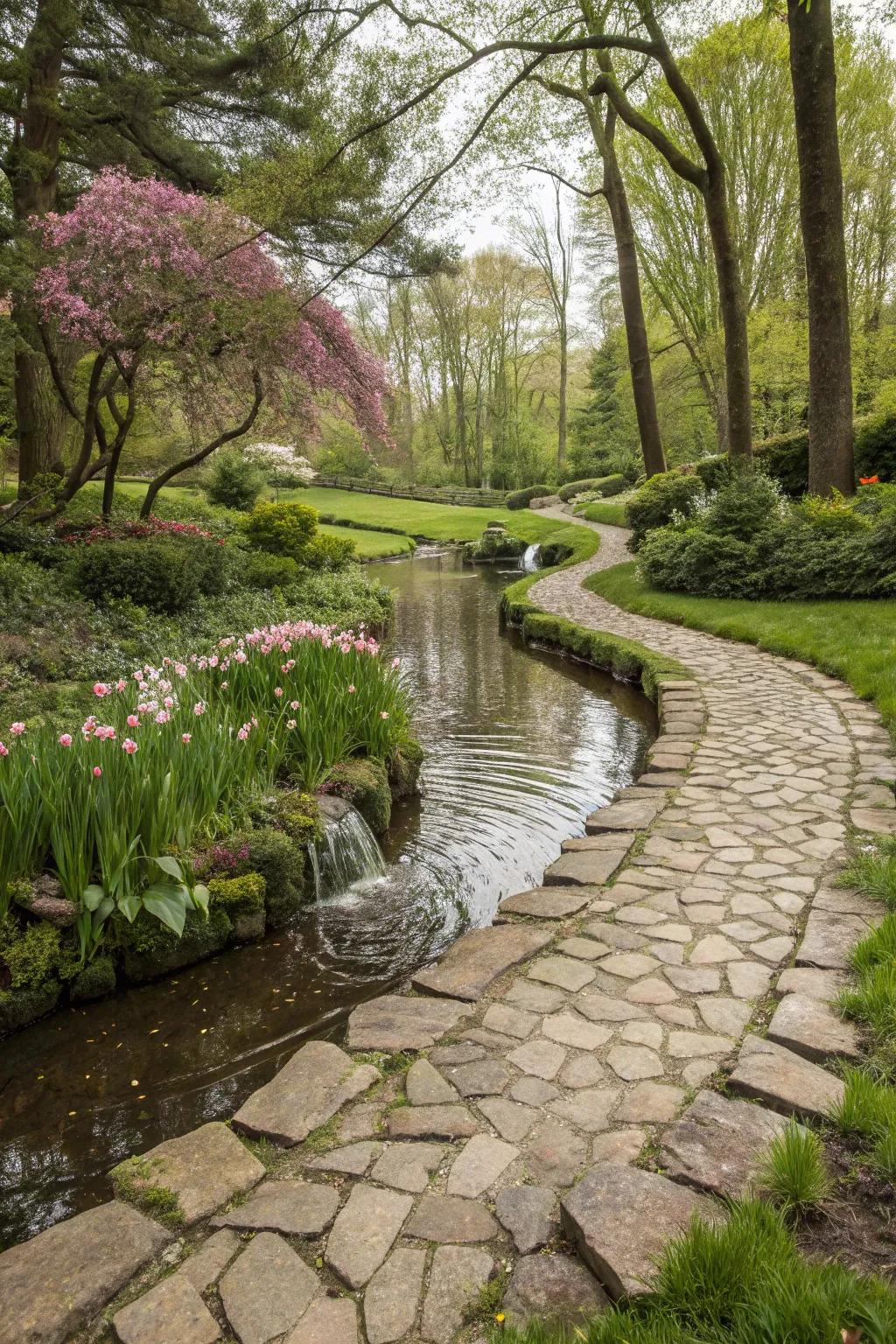 A liquid feature adds serenity and loveliness to your stone path.