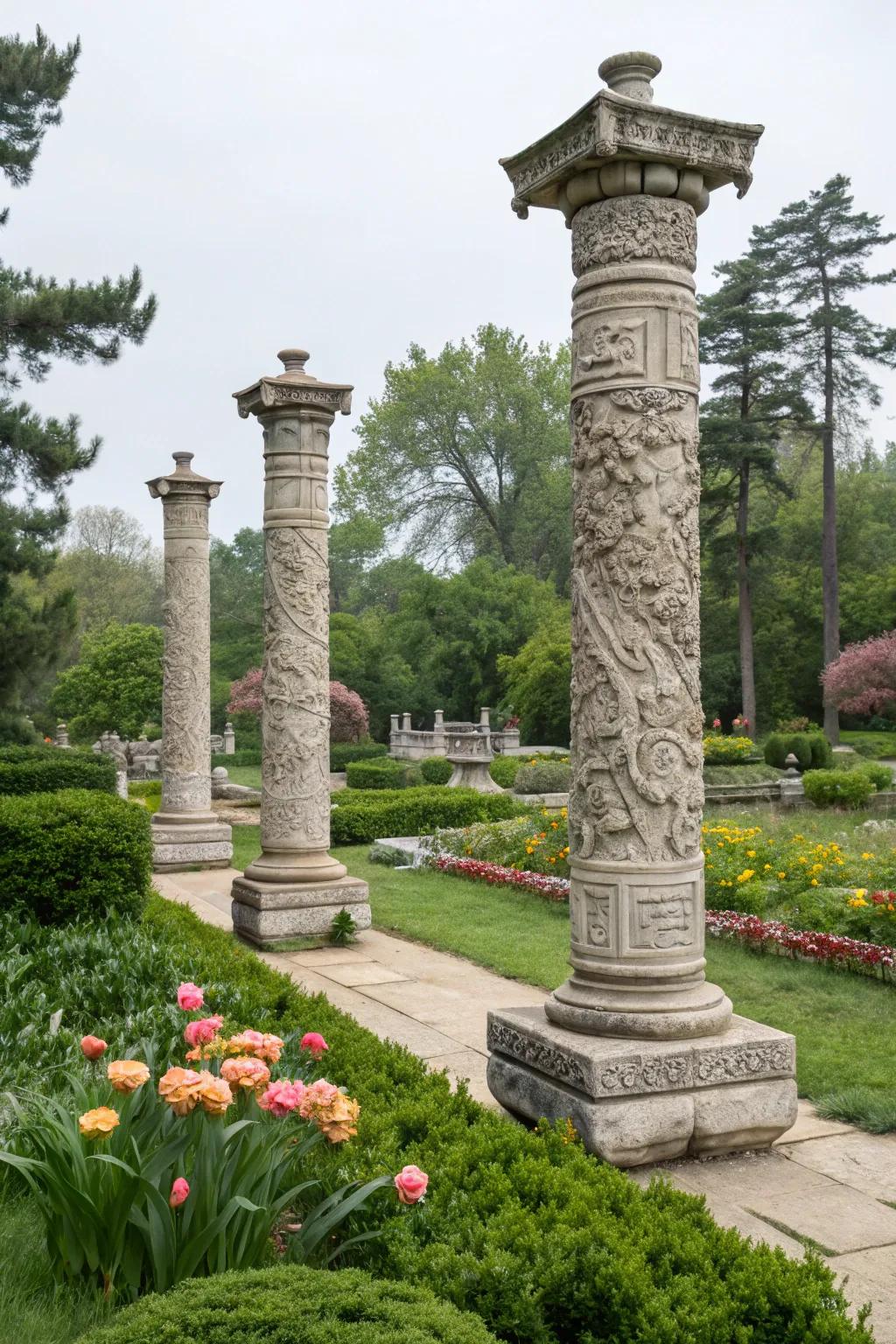 Incorporate artistic polish using sculpted stone supports.