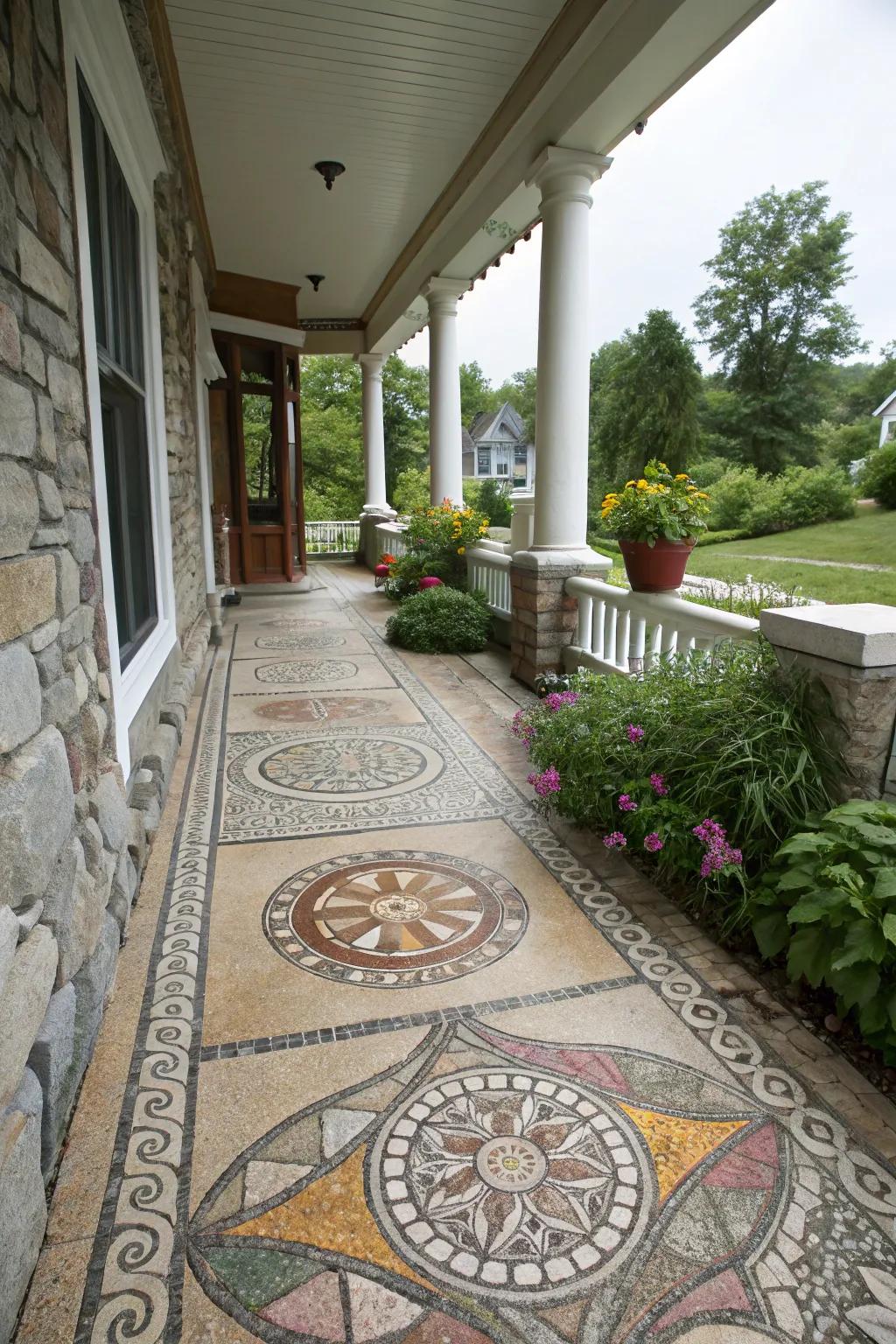 Stone mosaics bring artful expression to the porch.